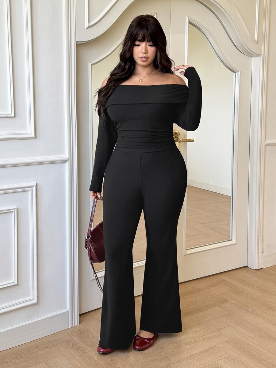 SHEIN EZwear Plus Size Woman Off Shoulder Ribbed 2 Pieces Set,Winter Long Sleeve Pants Sets,Christmas Lounge Set,Burgundy,Autumn,Smart Casual,Everyday Comfortable