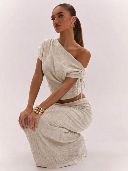 SHEIN BAE Women's Solid Color Asymmetrical Neck Top And Skirt Casual 2 Pieces Set