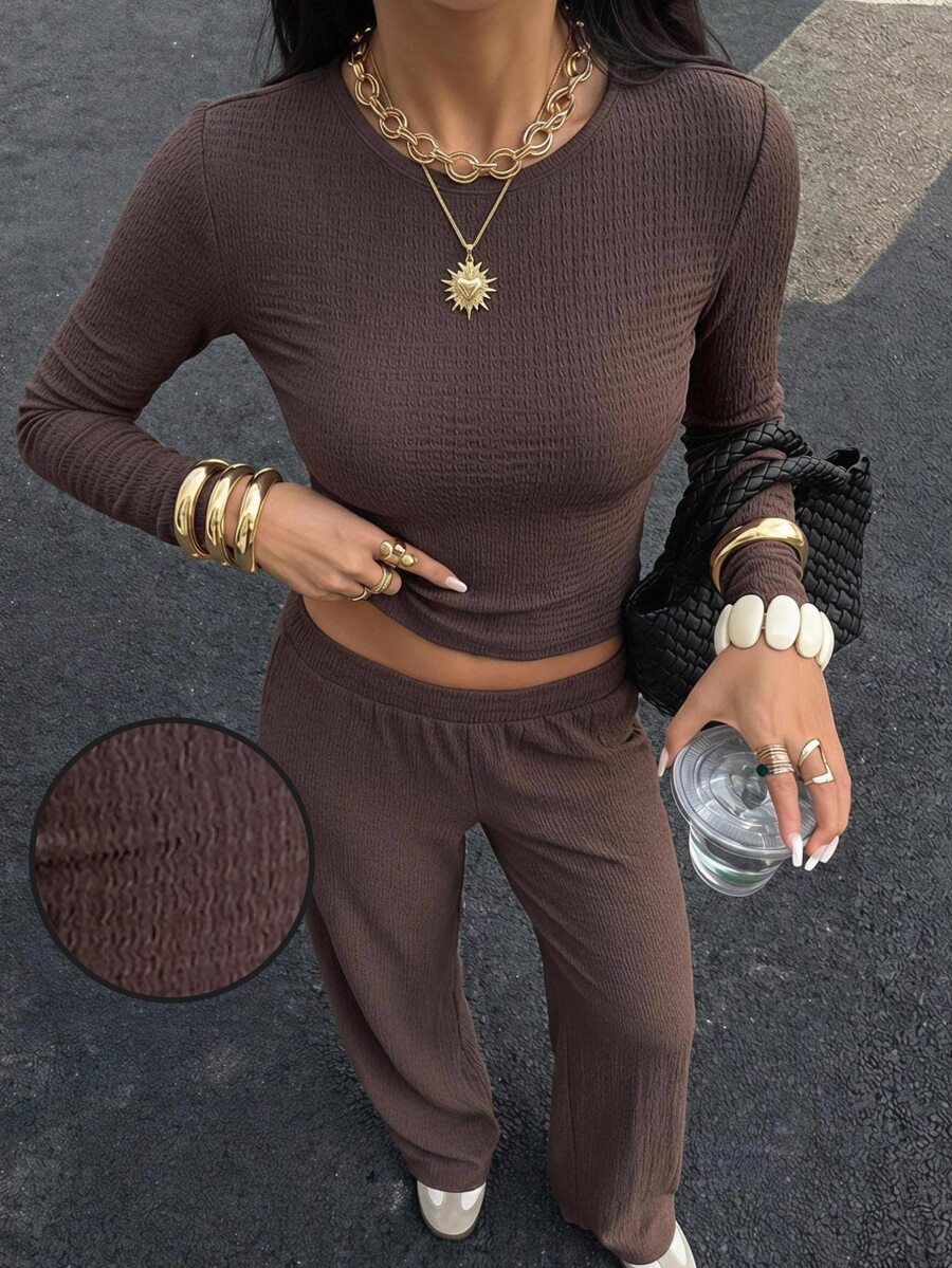 SHEIN EZwear Beige Knitted Women's Crew Neck Long Sleeve T-Shirt And Pants Set Lounge Travel Autumn Casual