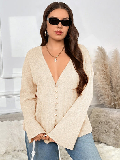 SHEIN Frenchy Plus Size Faux Pearl Button Deep V-Neck Long-Sleeved Knitted Coat, Spring Casual Mother's Day, Fall/Winter
