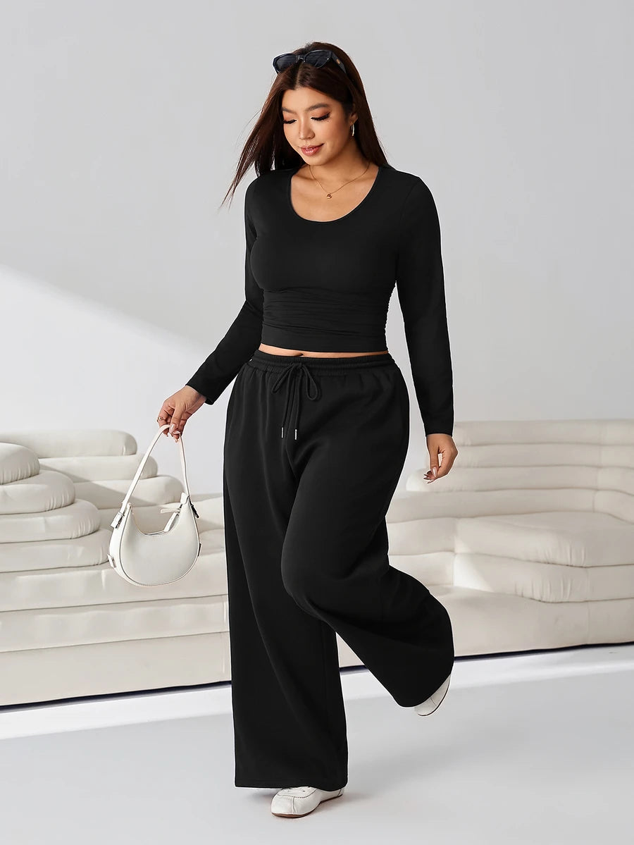 GalTyme Plus Size Women's Solid Color Long Sleeve T-Shirt And Wide Leg Pants Casual 2-Piece Set Fall