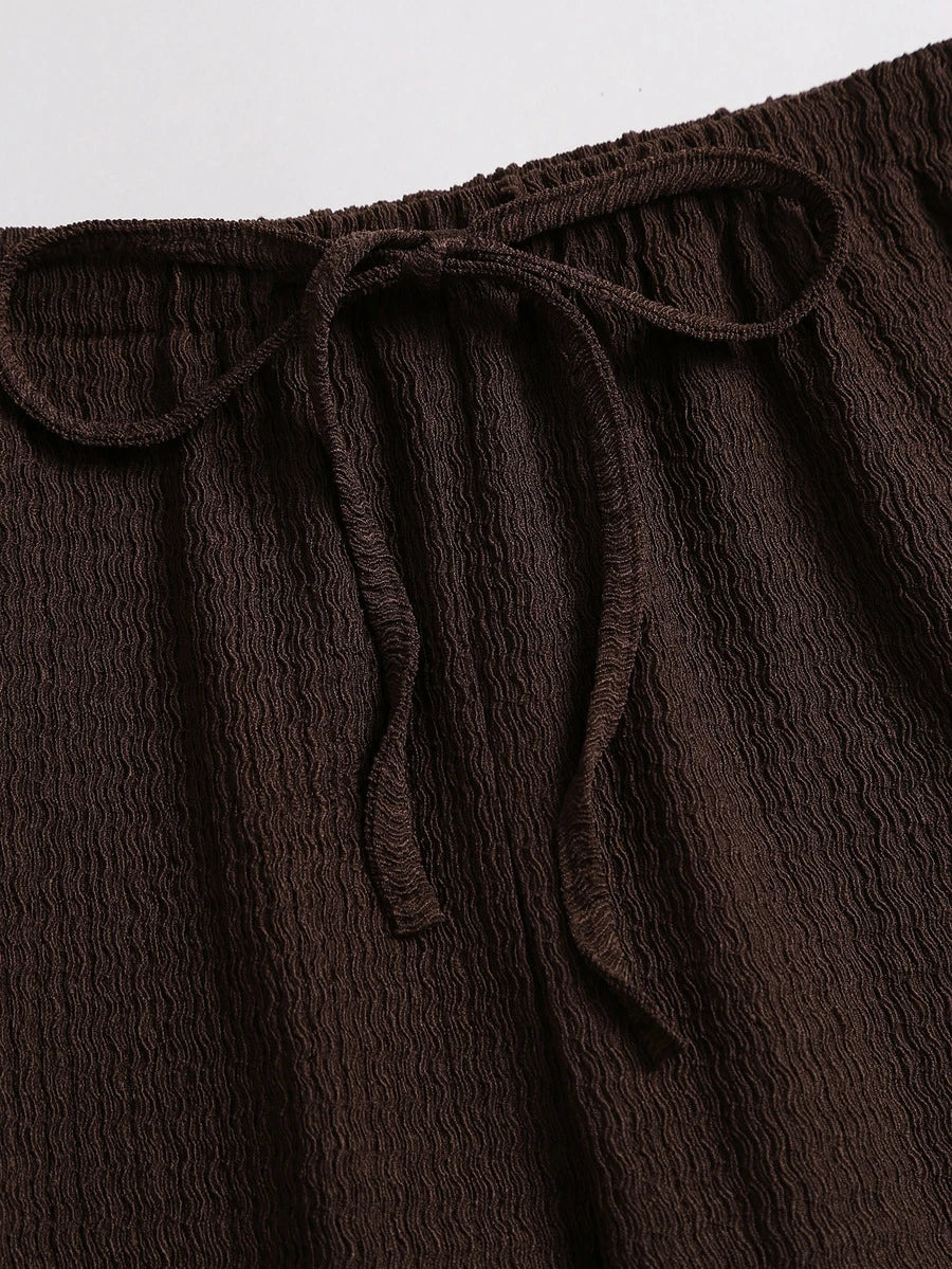 Sweetra Women's Autumn New Brown 2‑Piece Set, Lace‑Trim Slim‑Fit Long‑Sleeve Top & Elastic‑Waist Casual Pants For Vacation Sports & Back‑To‑School Wear