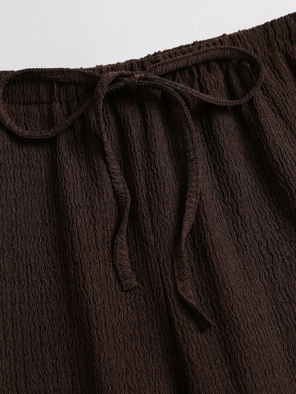 Sweetra Women's Autumn New Brown 2‑Piece Set, Lace‑Trim Slim‑Fit Long‑Sleeve Top & Elastic‑Waist Casual Pants For Vacation Sports & Back‑To‑School Wear