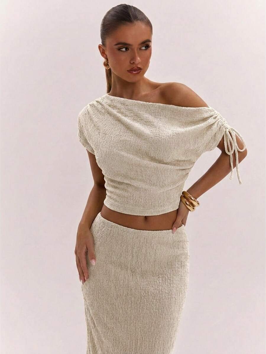SHEIN BAE Women's Solid Color Asymmetrical Neck Top And Skirt Casual 2 Pieces Set