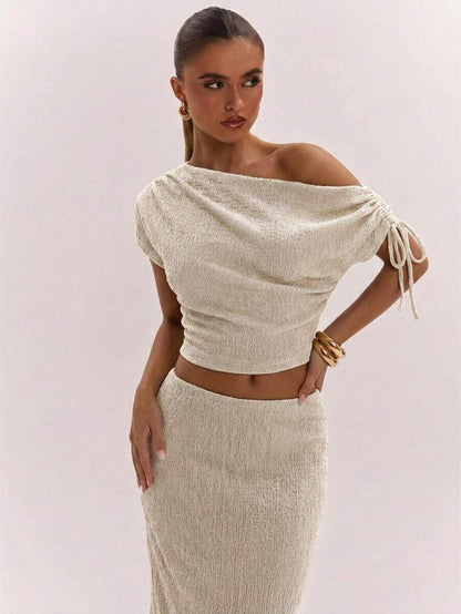 SHEIN BAE Women's Solid Color Asymmetrical Neck Top And Skirt Casual 2 Pieces Set