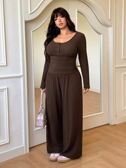 GalTyme Plus Size Women's Solid Color Long Sleeve T-Shirt And Wide Leg Pants Casual 2-Piece Set Fall