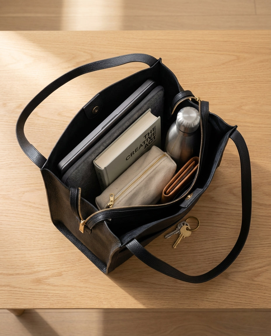 Black tote seen from above on a wooden table, open to show a laptop, book, pouch, water bottle, wallet and keys inside. 4