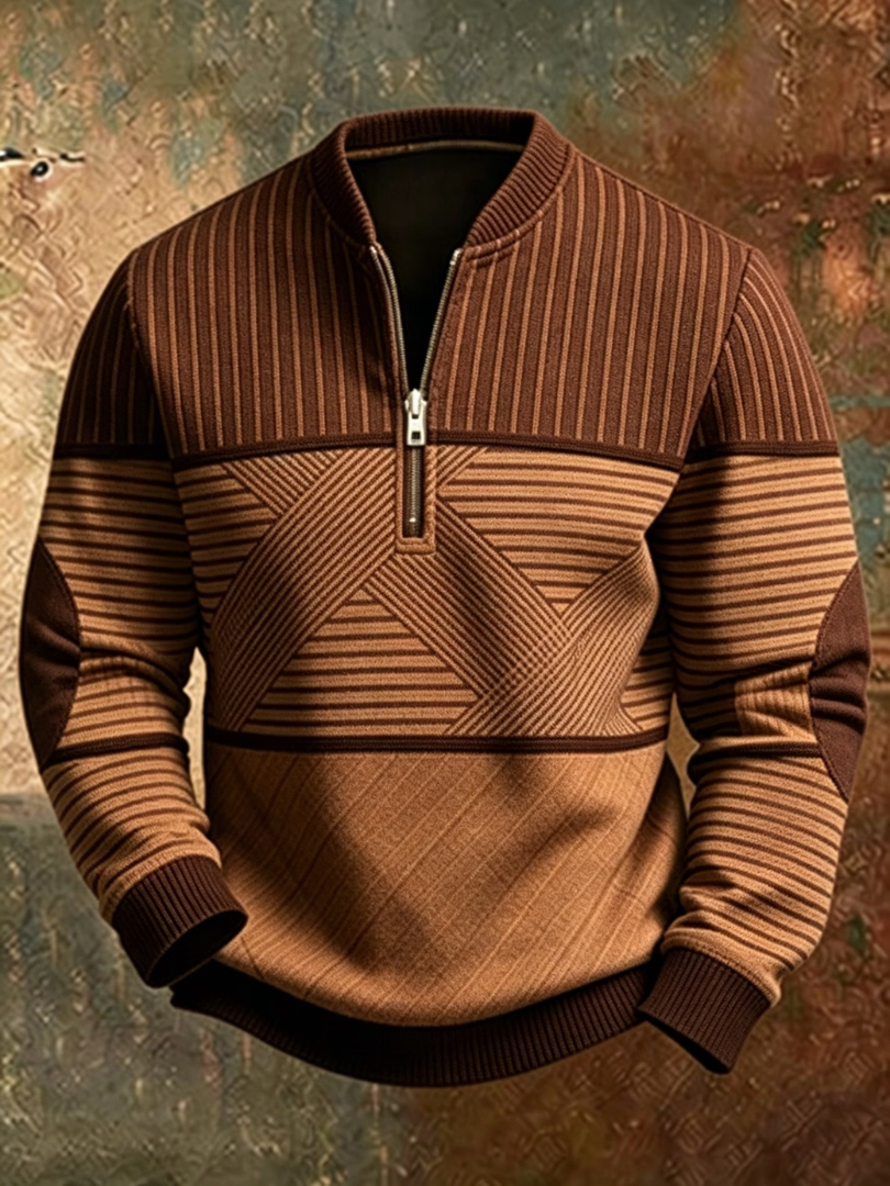 Brown and tan version of the half-zip jumper, with vertical stripes on the yoke and a crossed stripe panel on the chest. 4