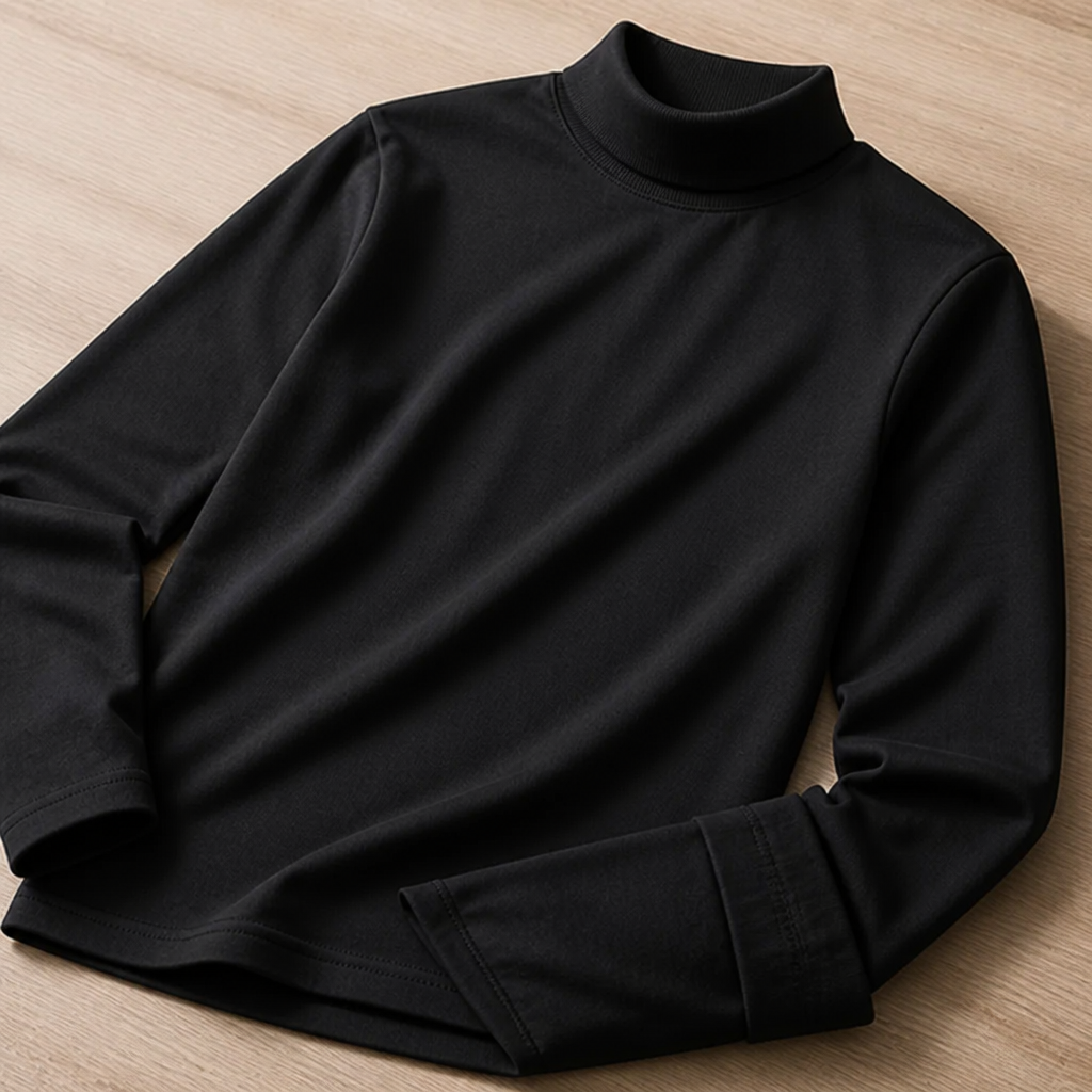 Black tee laid flat on a light wooden surface at an angle, with one sleeve folded to show the cuff. 4