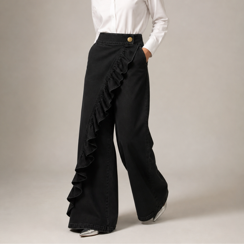 Black denim version in a walking pose with a white shirt and silver shoes, the asymmetric ruffle falling down the leg. 3