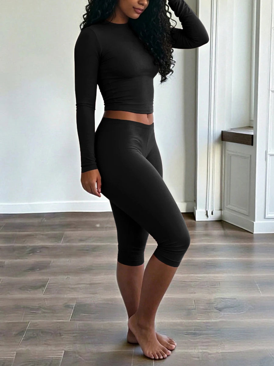 INAWLY Solva Women's Solid Color Crew Neck Long Sleeve T-Shirt And Leggings 2-Piece Set
