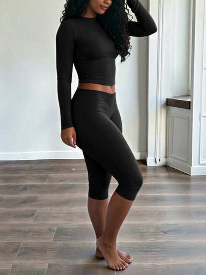 INAWLY Solva Women's Solid Color Crew Neck Long Sleeve T-Shirt And Leggings 2-Piece Set