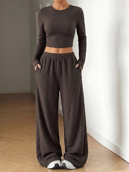 SHEIN EZwear Beige Knitted Women's Crew Neck Long Sleeve T-Shirt And Pants Set Lounge Travel Autumn Casual