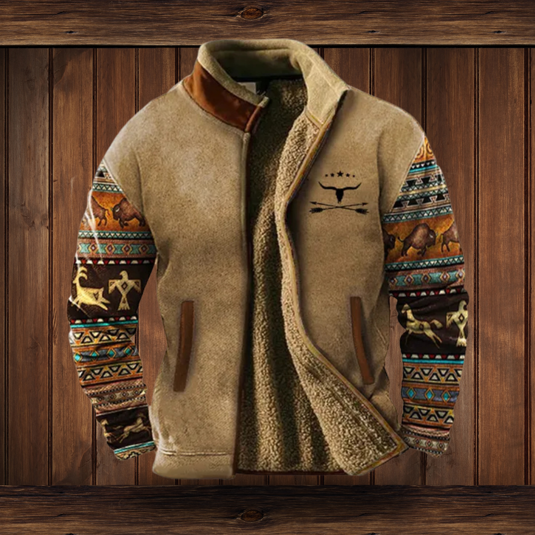 Tan fleece jacket with patterned animal-motif sleeves, open to show the fluffy sherpa lining, displayed against a wooden panel backdrop. 2