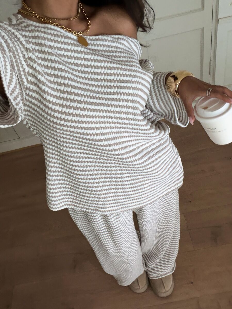Siren Gaze Women's Fall White Casual Striped Asymmetric Collar T-Shirt Pants 2 Pieces Set Back To School Going Out Y2k Basic Streetwear Gym Halloween Sports Gym