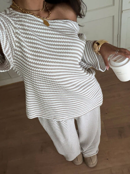 Siren Gaze Women's Fall White Casual Striped Asymmetric Collar T-Shirt Pants 2 Pieces Set Back To School Going Out Y2k Basic Streetwear Gym Halloween Sports Gym
