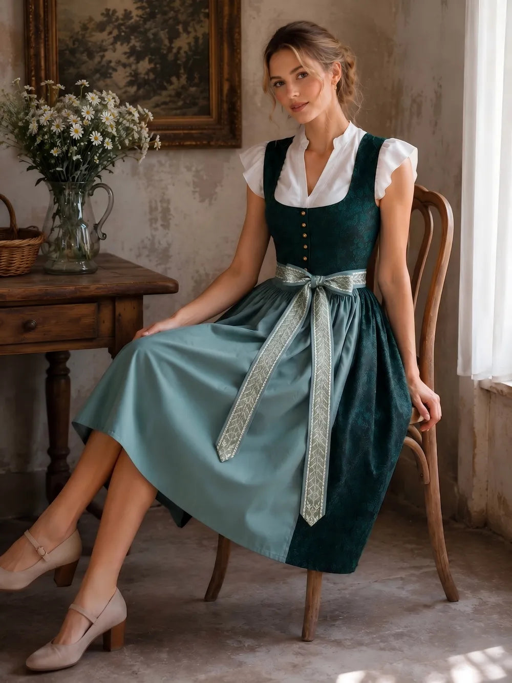 Model seated on a wooden chair in a rustic room, showing the dress's two-tone skirt of dark green patterned and light teal panels. 3