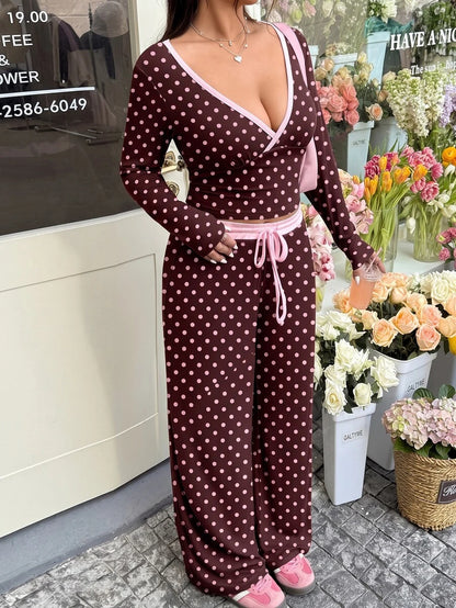 GalTyme Plus Size Contrast Color Long Sleeve Top & Pants 2 Pieces Set,Cerise Pink,Autumn,Smart Casual,Everyday,Chic Elegant Y2k Party Christmas Vacation Fall