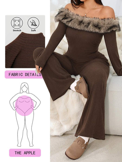 SHEIN EZwear Plus Size Woman Off Shoulder Ribbed 2 Pieces Set,Winter Long Sleeve Pants Sets,Christmas Lounge Set,Burgundy,Autumn,Smart Casual,Everyday Comfortable