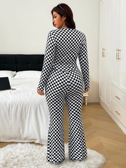 GalTyme Plus Size Women's Casual Asymmetrical Hem Tie Top And Flared Leg Pants Set Fall
