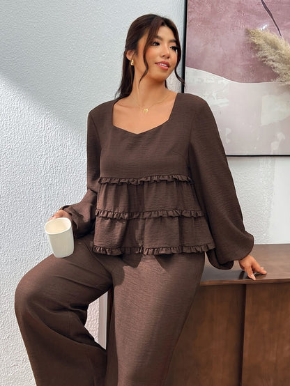 Lounesse Plus Size Casual Women 2 Pieces Set, Long Sleeve Outfit, Casual Women's Clothing Brown 2 Pieces Set, Ruffle Hem Outfit Casual Women 2 Pieces Set Long Sleeve Outfit