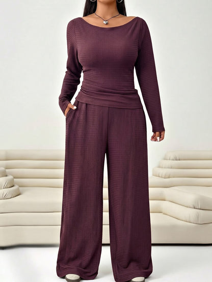 Solflare Plus Size Textured Long Sleeve Top And Loose Pants With Pockets 2 Pieces Set Fall