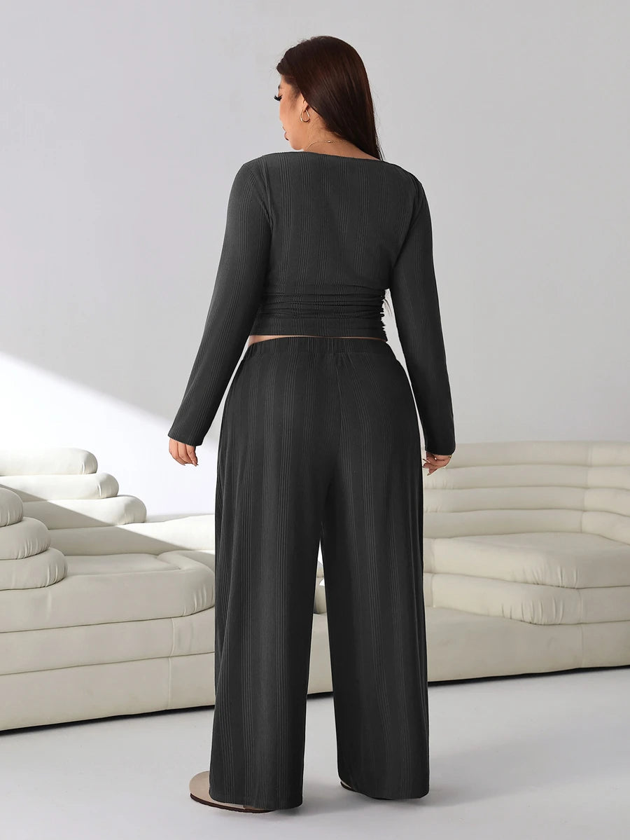 Solflare Plus Size Textured Long Sleeve Top And Loose Pants With Pockets 2 Pieces Set Fall