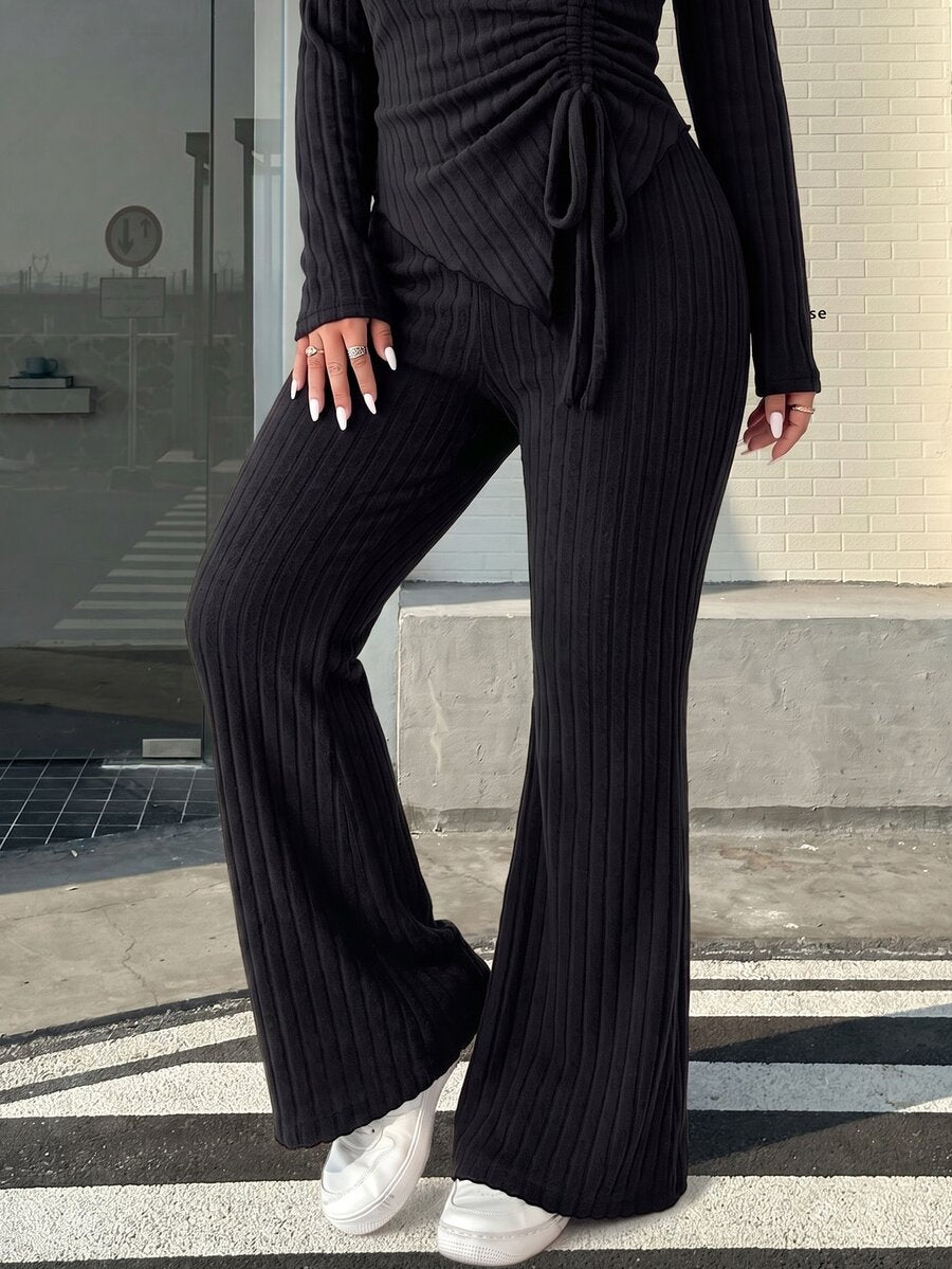 GalTyme Plus Size Women's Casual Asymmetrical Hem Tie Top And Flared Leg Pants Set Fall