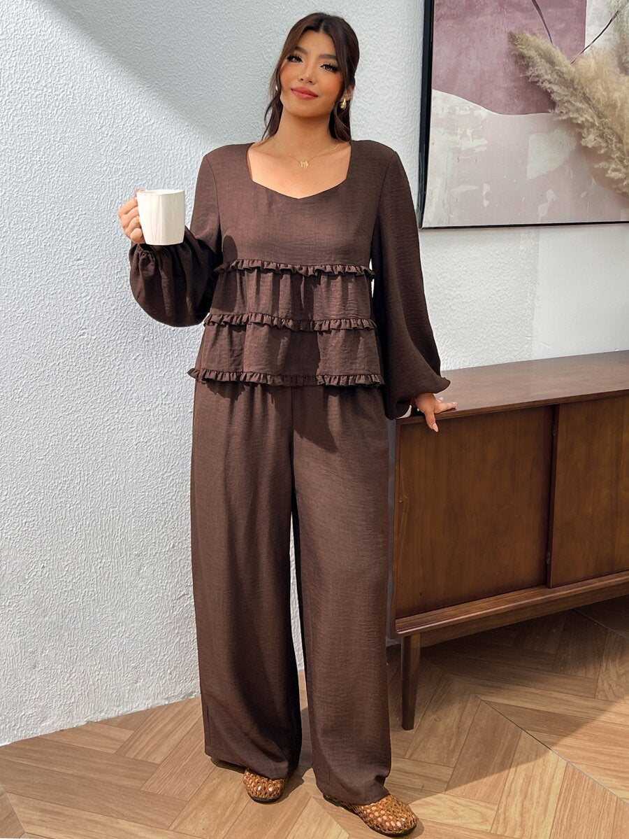 Lounesse Plus Size Casual Women 2 Pieces Set, Long Sleeve Outfit, Casual Women's Clothing Brown 2 Pieces Set, Ruffle Hem Outfit Casual Women 2 Pieces Set Long Sleeve Outfit