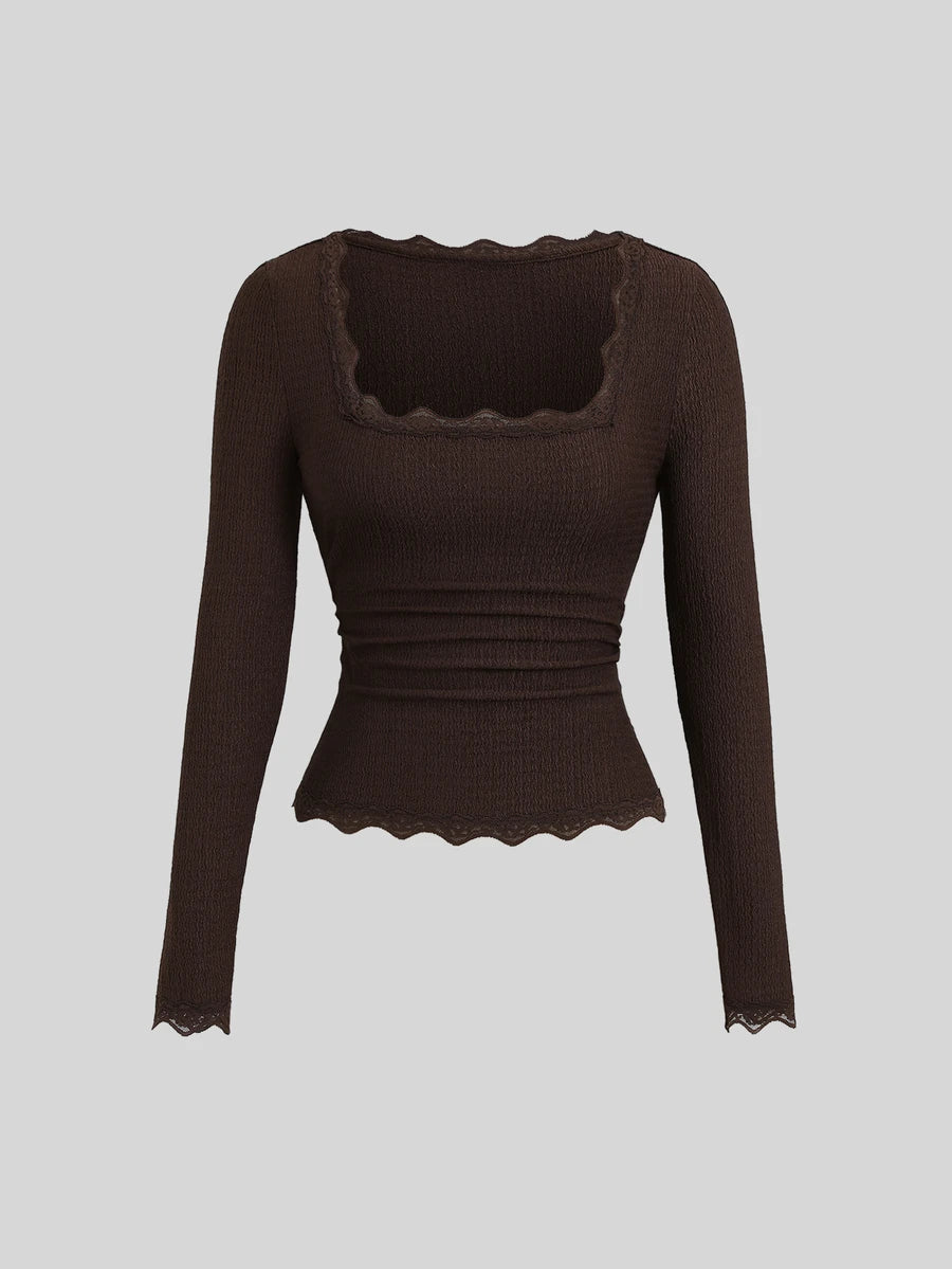 Sweetra Women's Autumn New Brown 2‑Piece Set, Lace‑Trim Slim‑Fit Long‑Sleeve Top & Elastic‑Waist Casual Pants For Vacation Sports & Back‑To‑School Wear