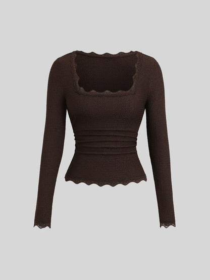 Sweetra Women's Autumn New Brown 2‑Piece Set, Lace‑Trim Slim‑Fit Long‑Sleeve Top & Elastic‑Waist Casual Pants For Vacation Sports & Back‑To‑School Wear