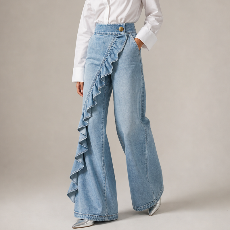 Light-wash blue version worn with a white shirt and silver heels, one hand in a pocket, showing the flared leg and ruffle. 2