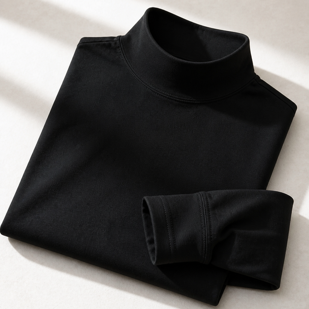 Folded black tee on a pale surface, close up on the ribbed high collar and stitched sleeve cuff. 5