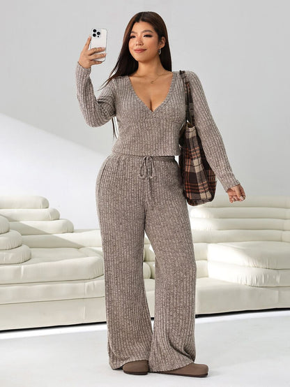 GalTyme Plus Size Contrast Color Long Sleeve Top & Pants 2 Pieces Set,Cerise Pink,Autumn,Smart Casual,Everyday,Chic Elegant Y2k Party Christmas Vacation Fall