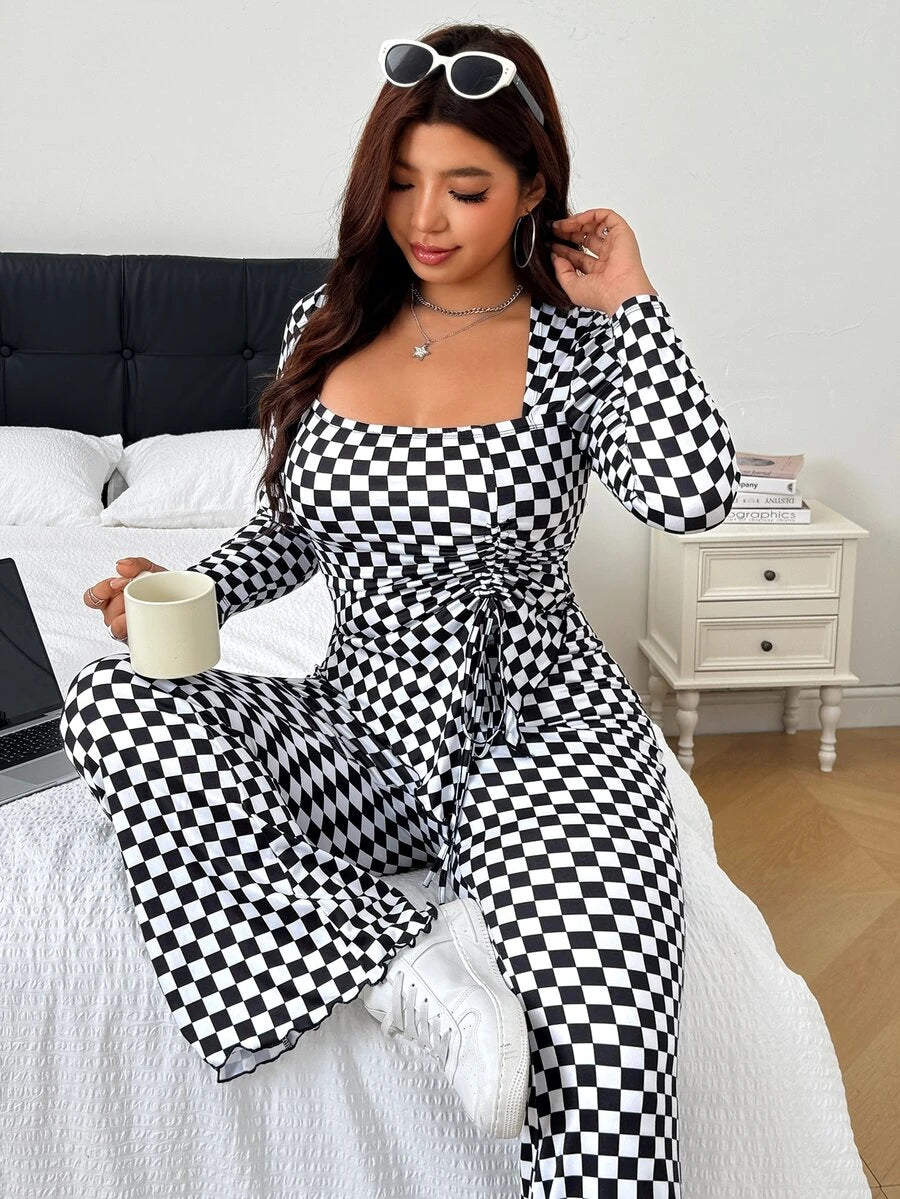 GalTyme Plus Size Women's Casual Asymmetrical Hem Tie Top And Flared Leg Pants Set Fall