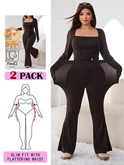 GalTyme Plus Size Women's Casual Asymmetrical Hem Tie Top And Flared Leg Pants Set Fall