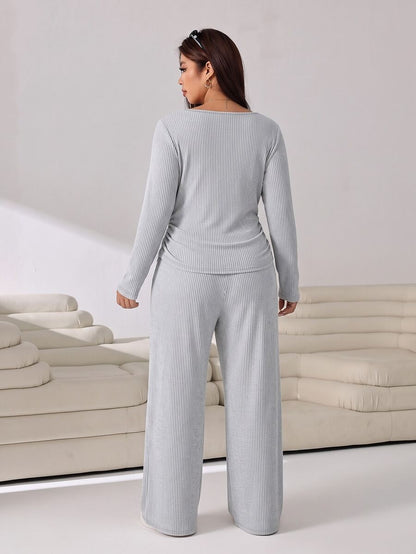 GalTyme Plus Size Women's Solid Color Long Sleeve T-Shirt And Wide Leg Pants Casual 2-Piece Set Fall