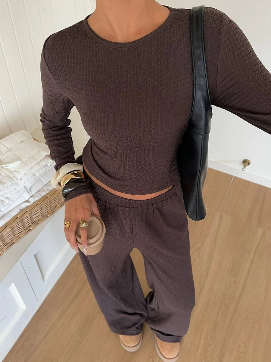 SHEIN EZwear Beige Knitted Women's Crew Neck Long Sleeve T-Shirt And Pants Set Lounge Travel Autumn Casual