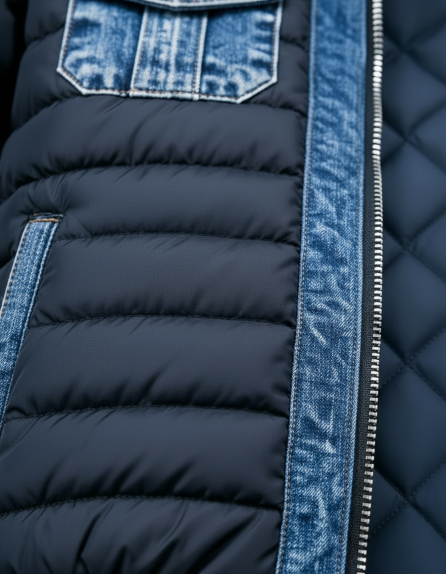 Close-up of the navy padded panels beside a blue denim zip placket, with a denim pocket flap and diamond-quilted lining visible. 2