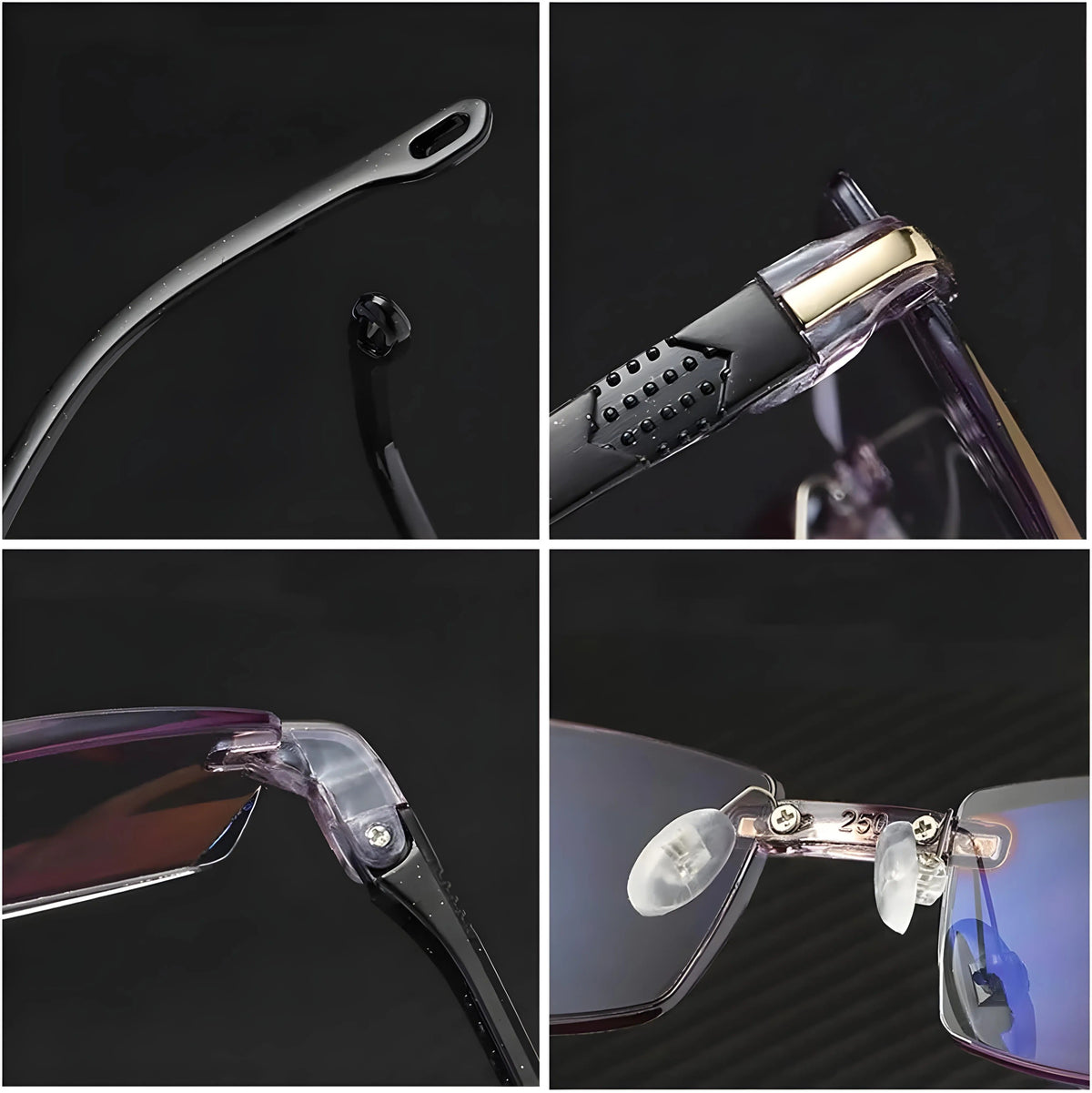 Four close-up details of the glasses: curved arm tip, grooved grip, hinge screw and adjustable clear nose pads. 4