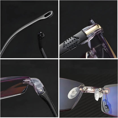Four close-up details of the glasses: curved arm tip, grooved grip, hinge screw and adjustable clear nose pads. 4