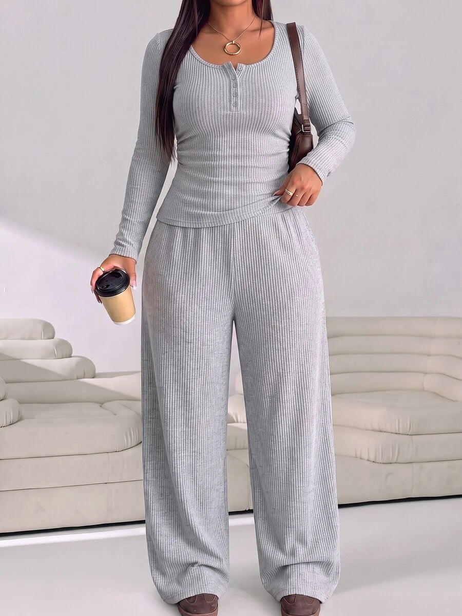 GalTyme Plus Size Women's Solid Color Long Sleeve T-Shirt And Wide Leg Pants Casual 2-Piece Set Fall