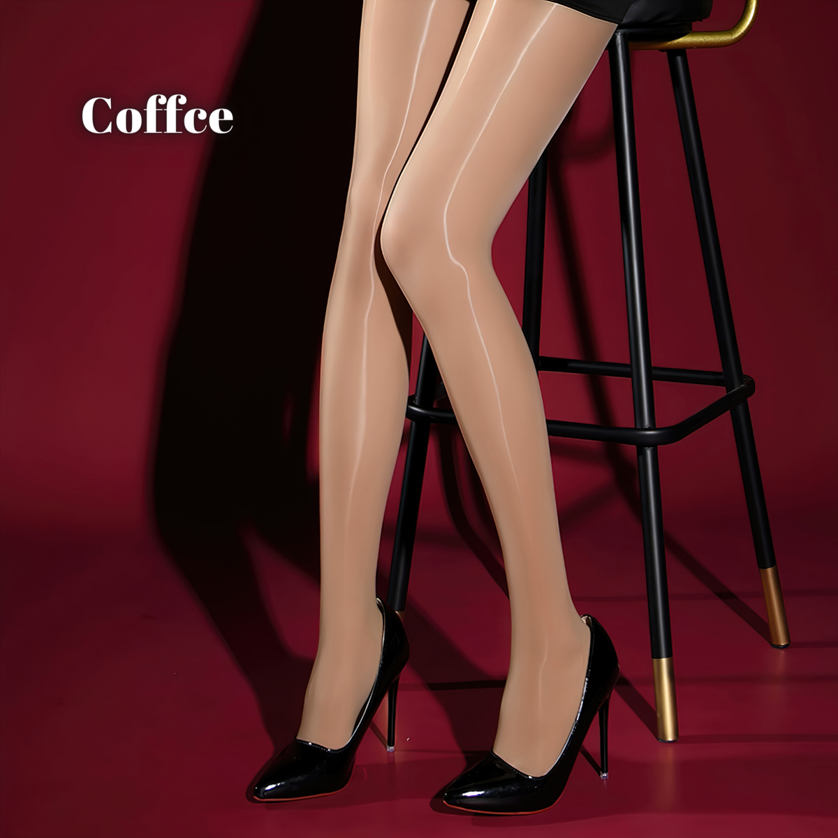 Warm tan colour option worn on crossed legs with black stilettos beside a bar stool, showing highlights down the front of the legs. 8