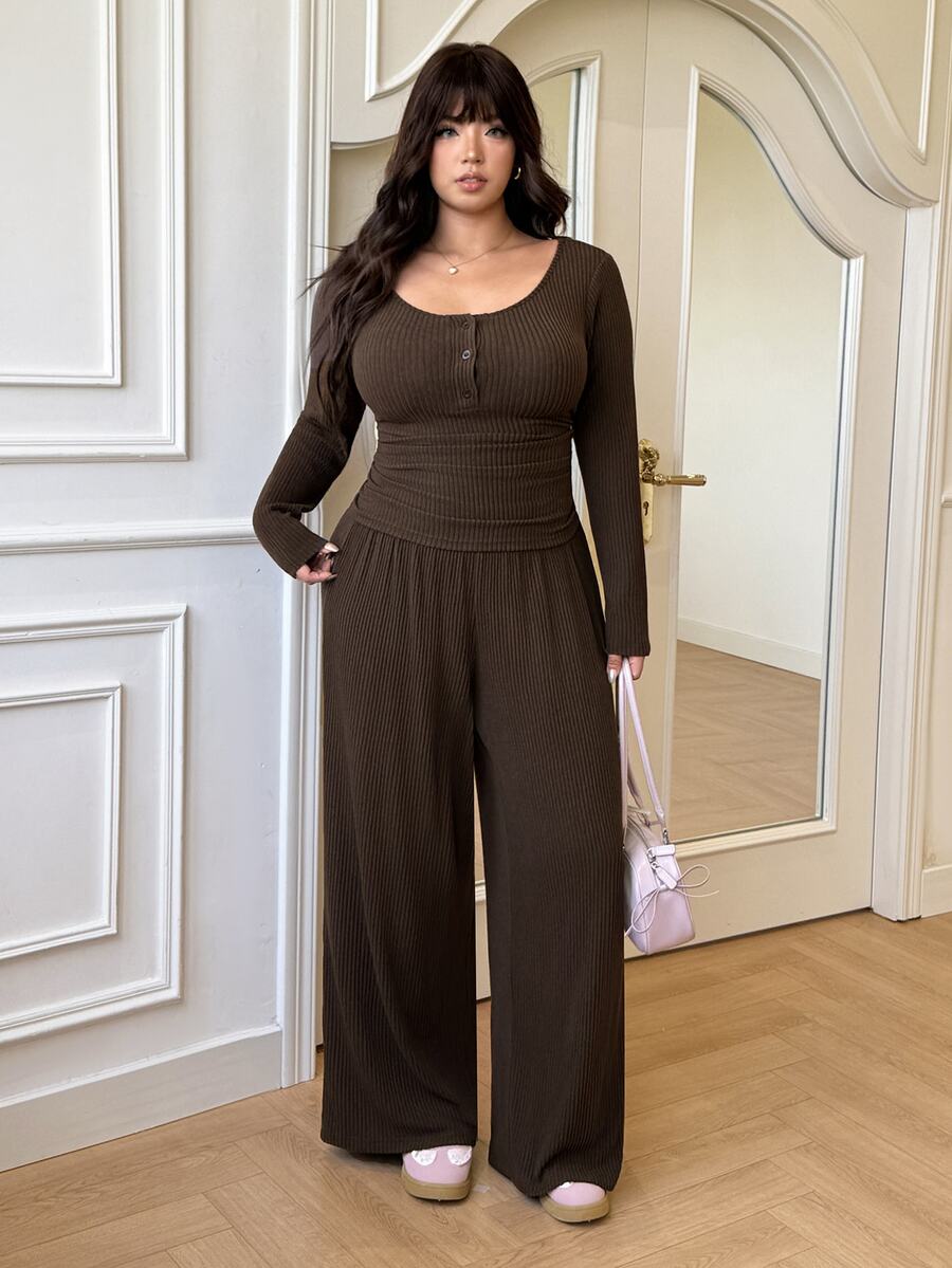 GalTyme Plus Size Women's Solid Color Long Sleeve T-Shirt And Wide Leg Pants Casual 2-Piece Set Fall
