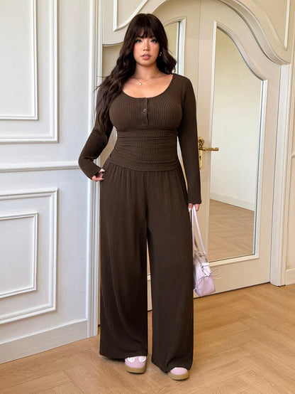 GalTyme Plus Size Women's Solid Color Long Sleeve T-Shirt And Wide Leg Pants Casual 2-Piece Set Fall