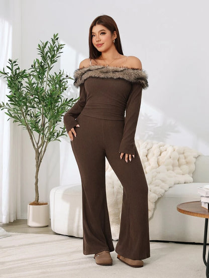 SHEIN EZwear Plus Size Woman Off Shoulder Ribbed 2 Pieces Set,Winter Long Sleeve Pants Sets,Christmas Lounge Set,Burgundy,Autumn,Smart Casual,Everyday Comfortable
