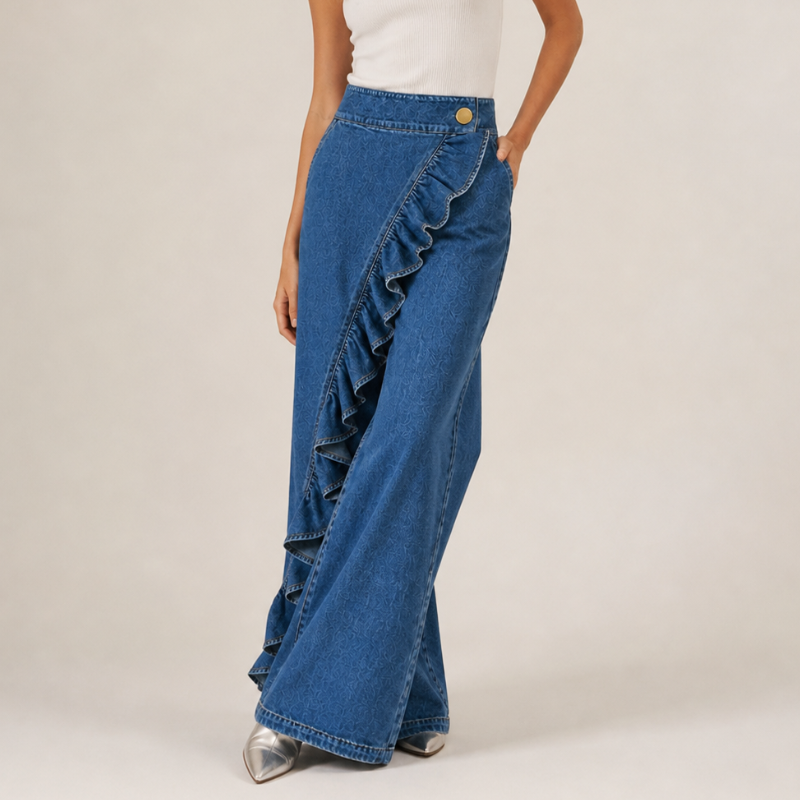 Mid-blue pair worn with a white ribbed top, cropped at the waist to show the gold button and cascading ruffle. 5