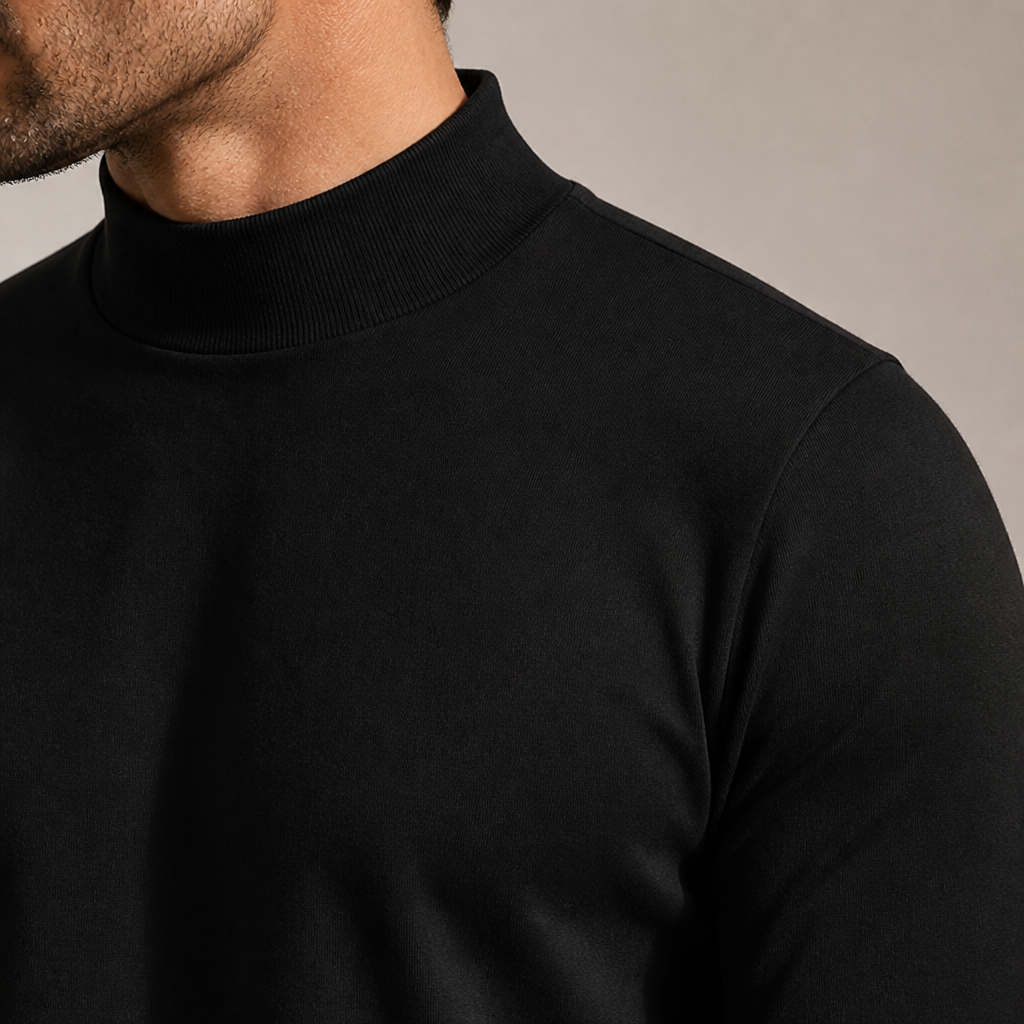 Close-up of a model's neck and shoulder showing the ribbed high collar and fitted sleeve of the black tee. 6