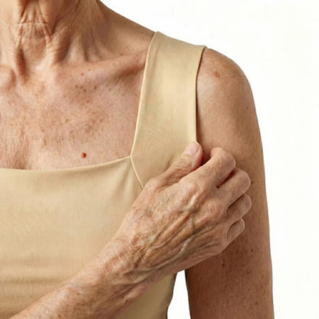 Close-up of an older woman's shoulder and chest in a beige square-neck top with a wide strap, her hand resting on her upper arm. 7