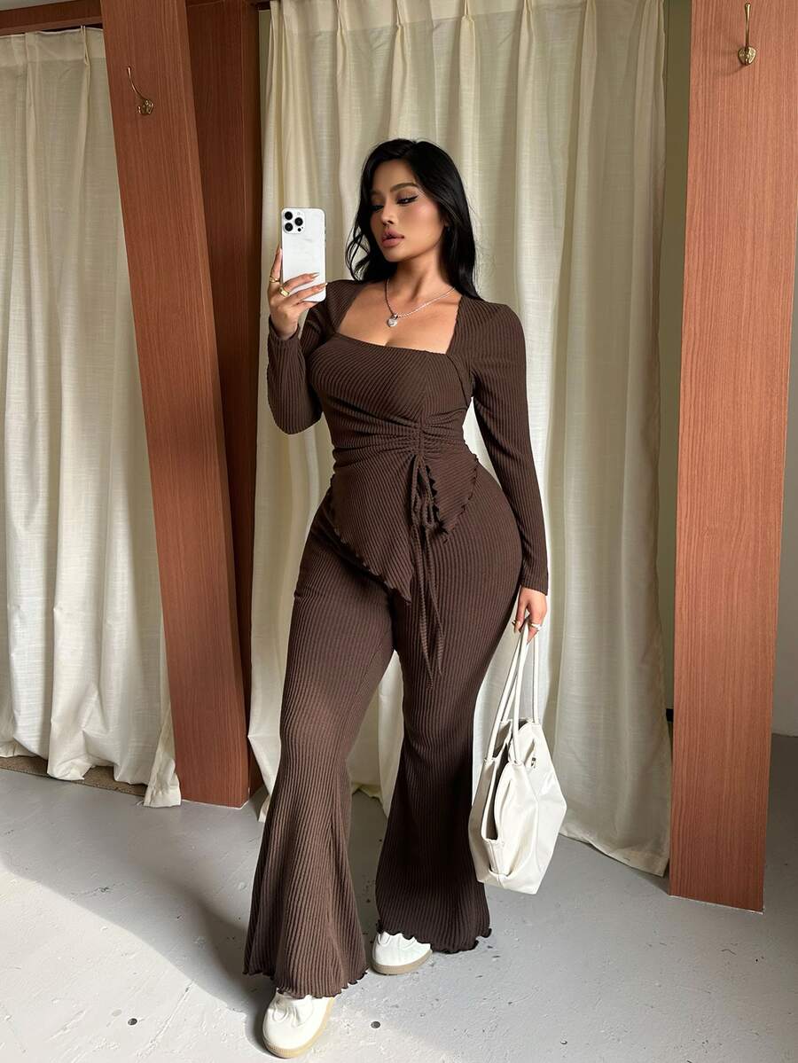 GalTyme Plus Size Women's Casual Asymmetrical Hem Tie Top And Flared Leg Pants Set Fall